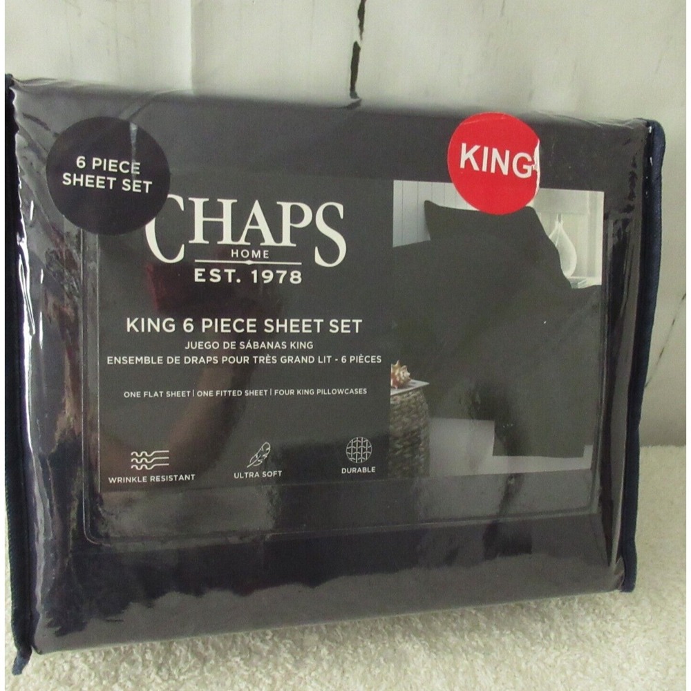 Chaps Sheets Navy Blue King Wrinkle Resistant Solid Ultra Soft 6 Piece Set